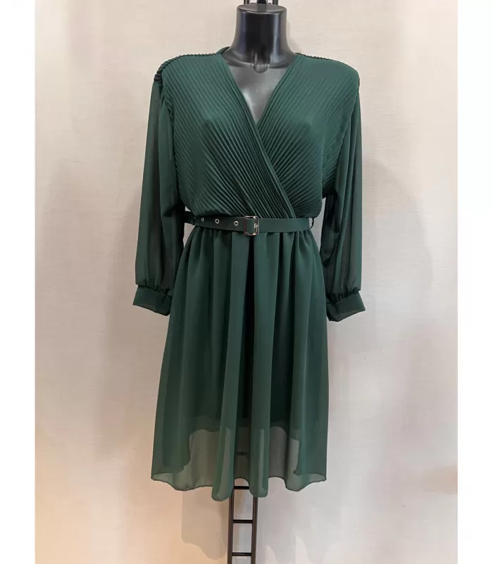 Mily vihreä hihallinen v-sifonkimekko vyöllä (plus size)