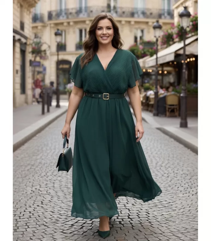 Mily vihreä lyhythihainen pitkä v-mekko vyöllä (plus size)