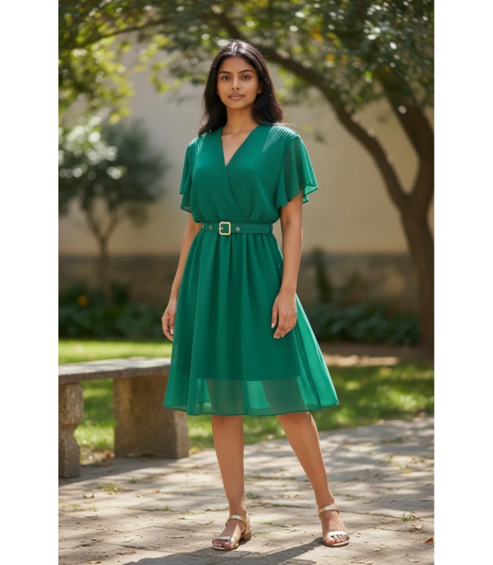 Mily vihreä lyhythihainen v-mekko vyöllä (plus size)