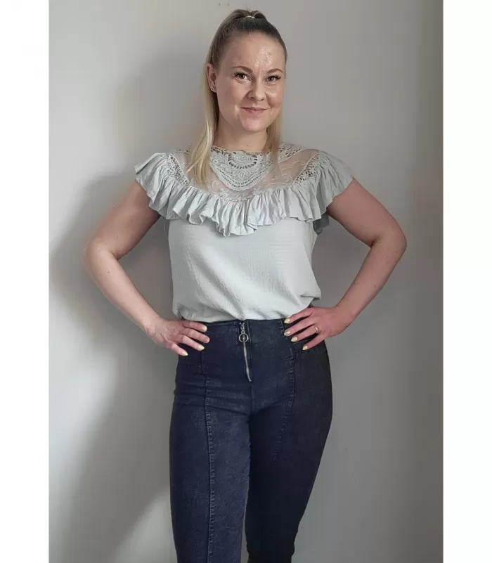 Mintunvihreä lyhythihainen koristekirjailtu paita röyhelöllä [TAMMIALE -20%]