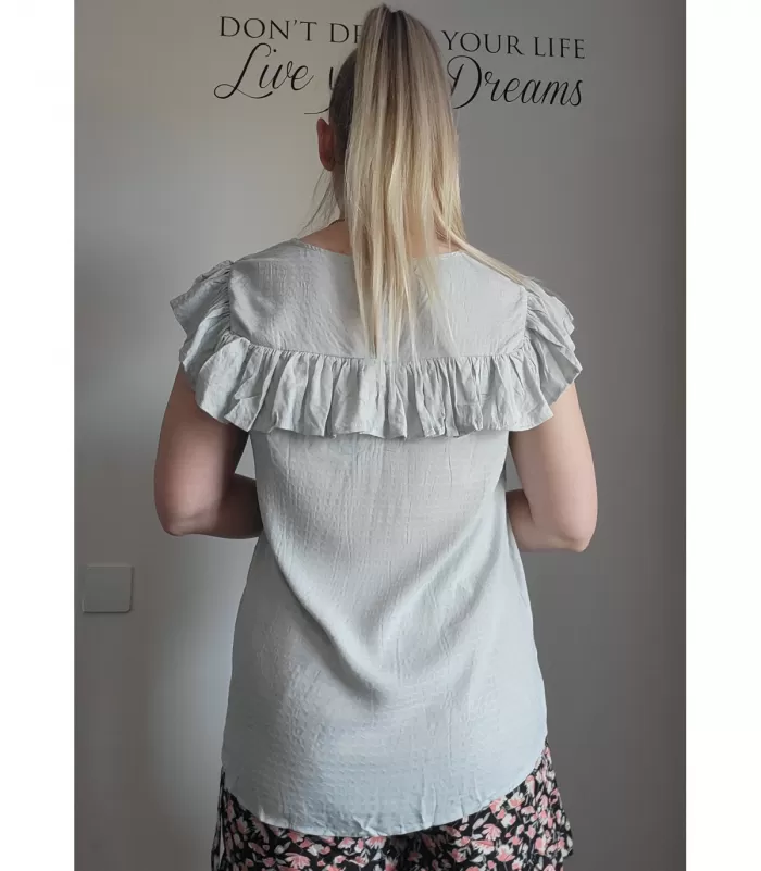 Mintunvihreä lyhythihainen koristekirjailtu paita röyhelöllä [TAMMIALE -20%]