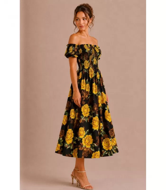 Miss Sara keltainen ruusukuvioinen off-shoulder kesämekko