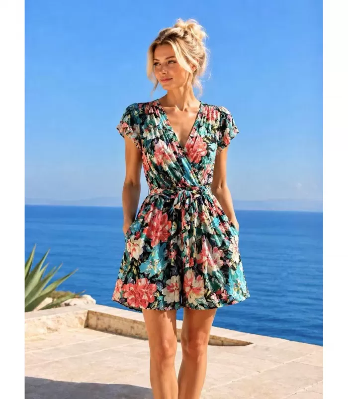 Miss Sara värikäs kukkakuvioinen v-playsuit vyöllä