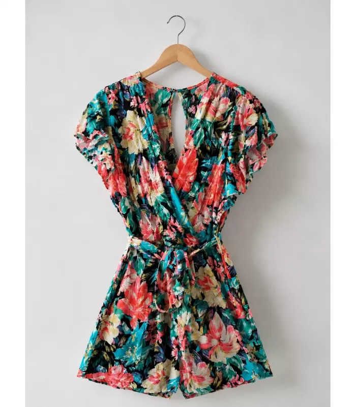 Miss Sara värikäs kukkakuvioinen v-playsuit vyöllä