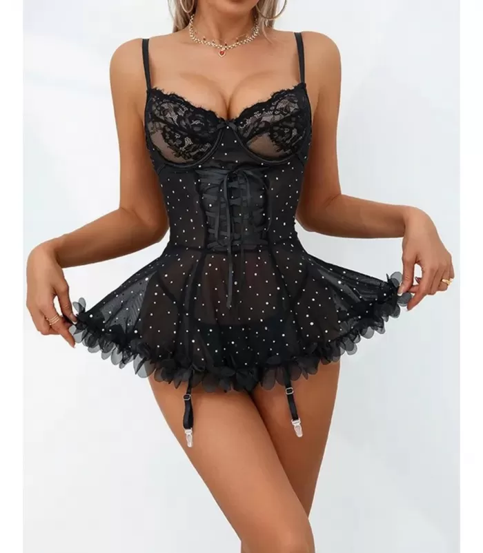 Musta babydoll strasseilla ja sukkanauhaliiveillä