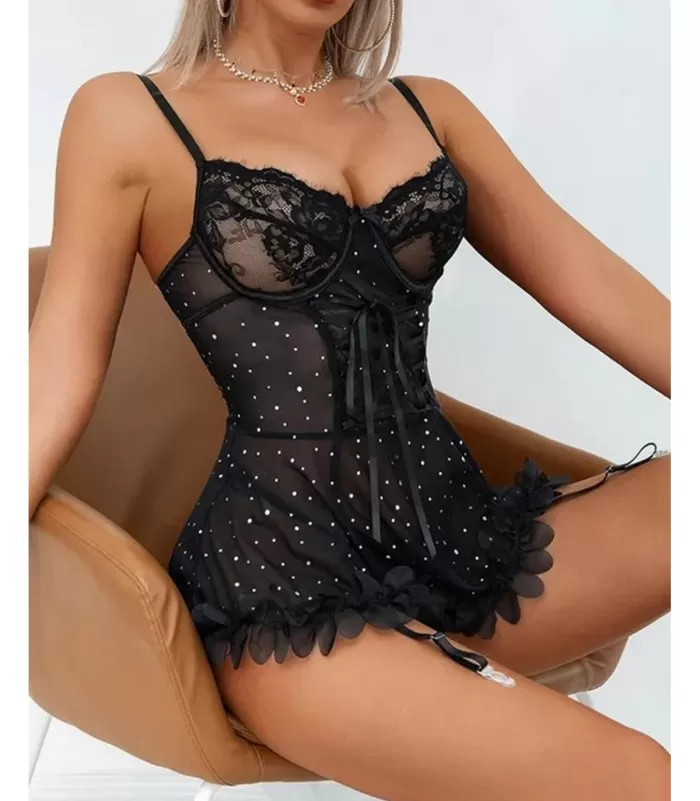 Musta babydoll strasseilla ja sukkanauhaliiveillä