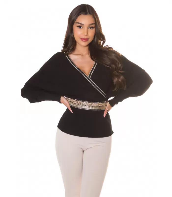 Musta koristeinen lepakkohihainen wrap-look v-neule [BLACKWEEK]