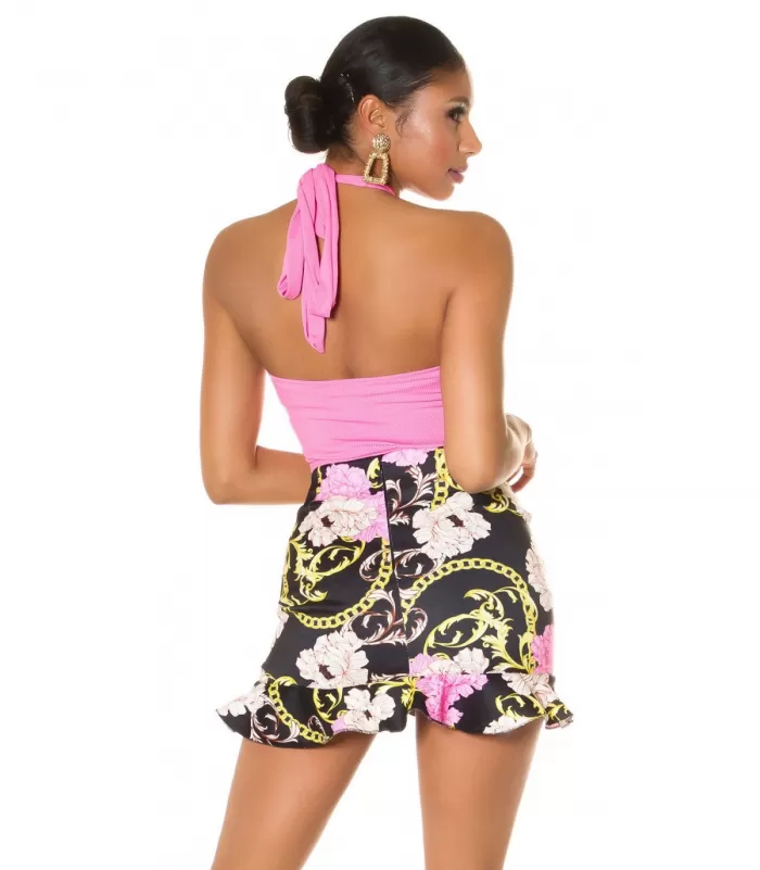 Musta kukkakuvioinen korkeavyötäröinen minihame röyhelöllä