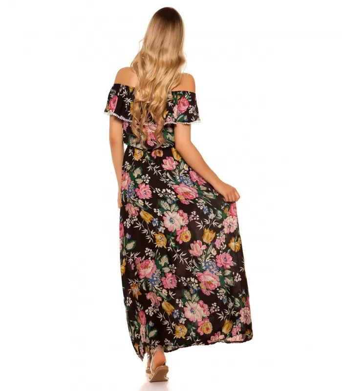 Musta kukkakuvioinen off-shoulder maksimekko röyhelöllä