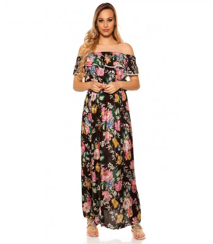 Musta kukkakuvioinen off-shoulder maksimekko röyhelöllä