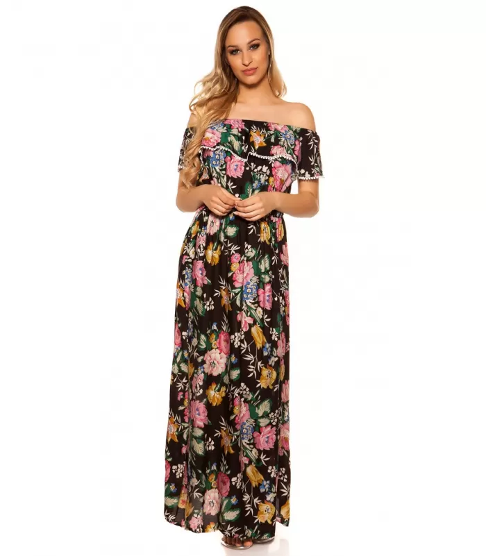Musta kukkakuvioinen off-shoulder maksimekko röyhelöllä [LÖYTÖ]