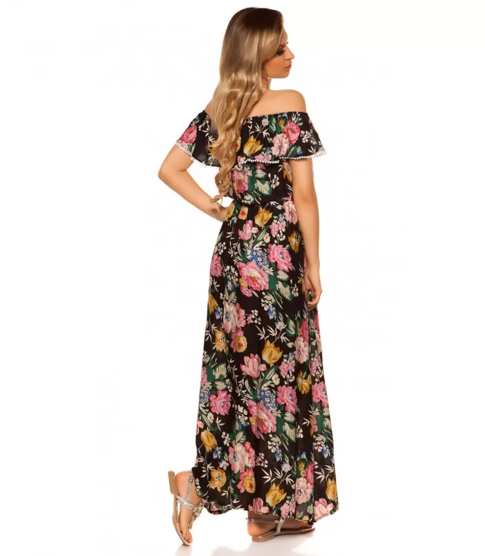 Musta kukkakuvioinen off-shoulder maksimekko röyhelöllä [LÖYTÖ]