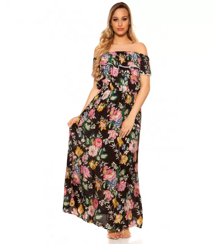 Musta kukkakuvioinen off-shoulder maksimekko röyhelöllä [LÖYTÖ]