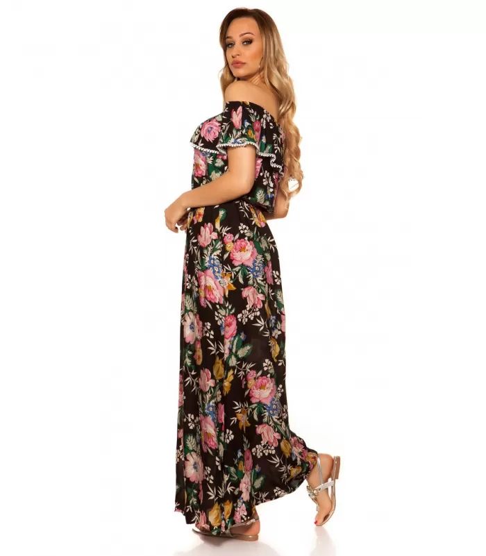 Musta kukkakuvioinen off-shoulder maksimekko röyhelöllä [LÖYTÖ]