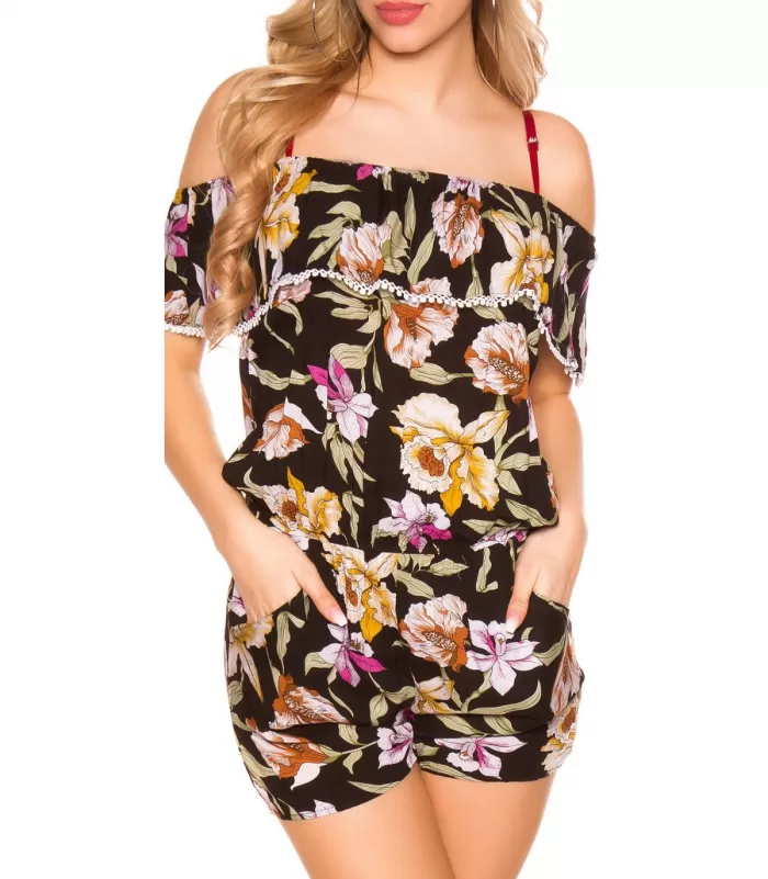Musta kukkakuvioinen off-shoulder playsuit [LÖYTÖ]