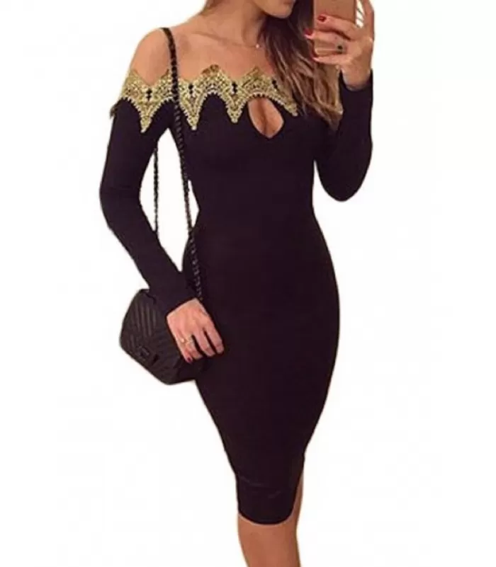 Musta kultakirjailtu off-shoulder midimekko