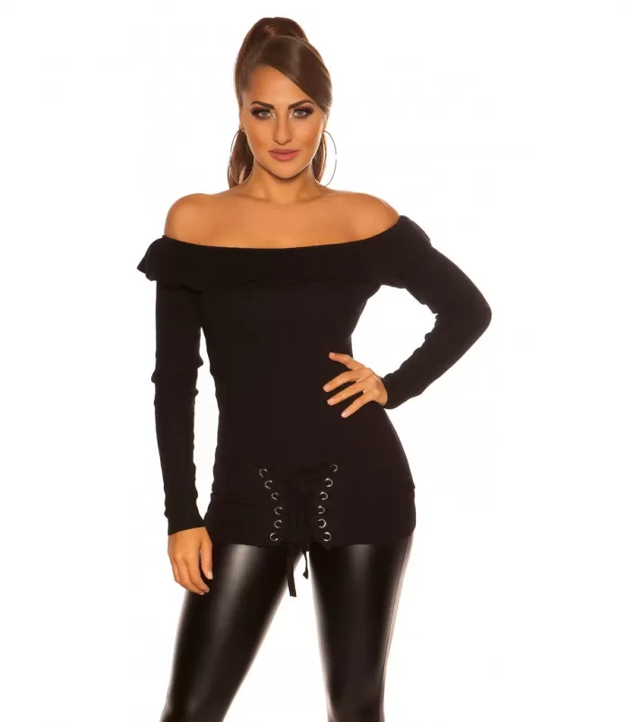 Musta off-shoulder nyörikoristeinen röyhelöneule [LÖYTÖ]