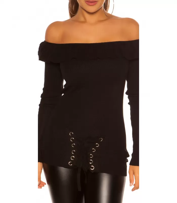 Musta off-shoulder nyörikoristeinen röyhelöneule [LÖYTÖ]