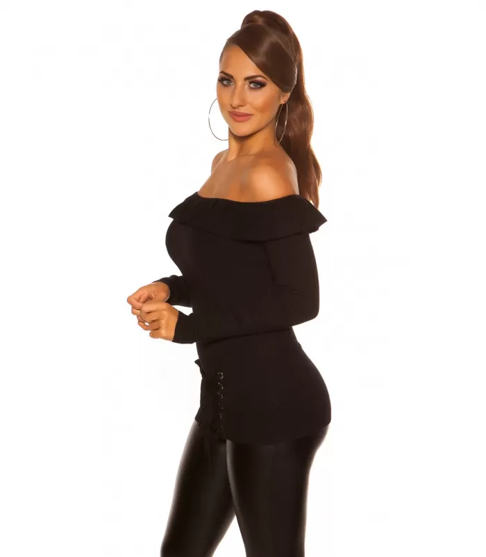 Musta off-shoulder nyörikoristeinen röyhelöneule [LÖYTÖ]