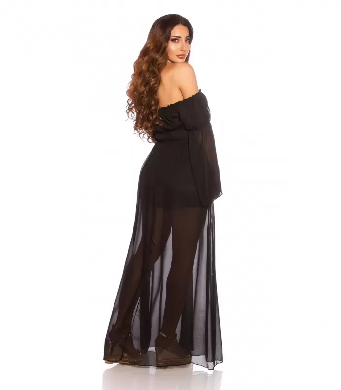 Musta pitkähihainen off-shoulder mesh-maksimekko