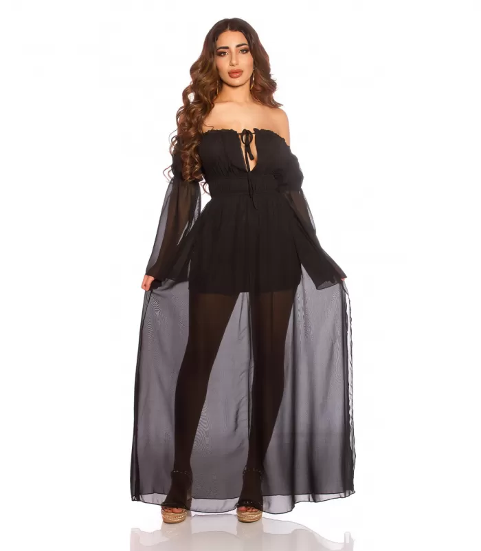 Musta pitkähihainen off-shoulder mesh-maksimekko