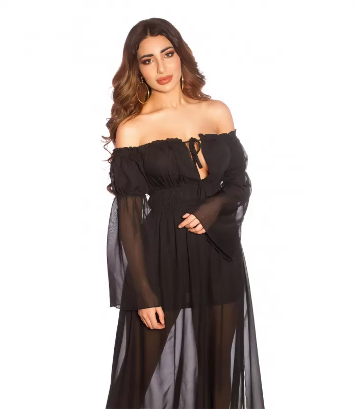 Musta pitkähihainen off-shoulder mesh-maksimekko