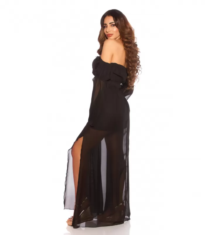 Musta pitkähihainen off-shoulder mesh-maksimekko