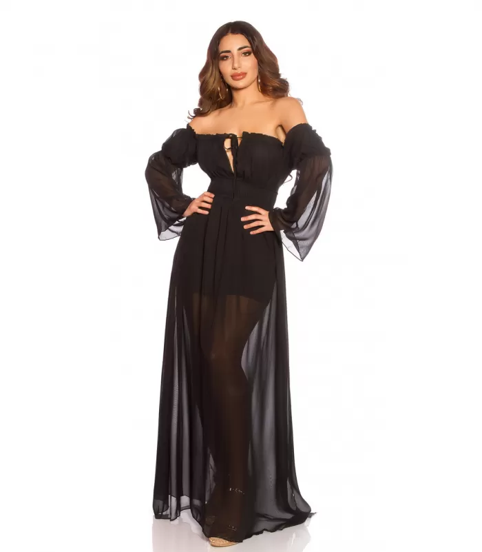 Musta pitkähihainen off-shoulder mesh-maksimekko [BLACKWEEK]