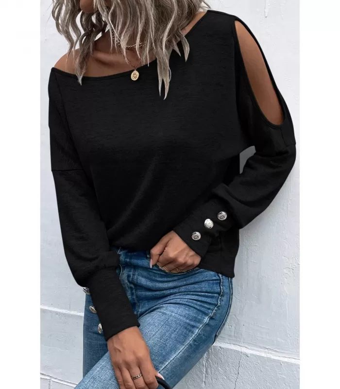 Musta pitkähihainen paita napeilla ja olkahalkioilla