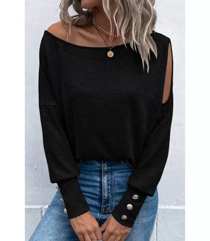 Musta pitkähihainen paita napeilla ja olkahalkioilla