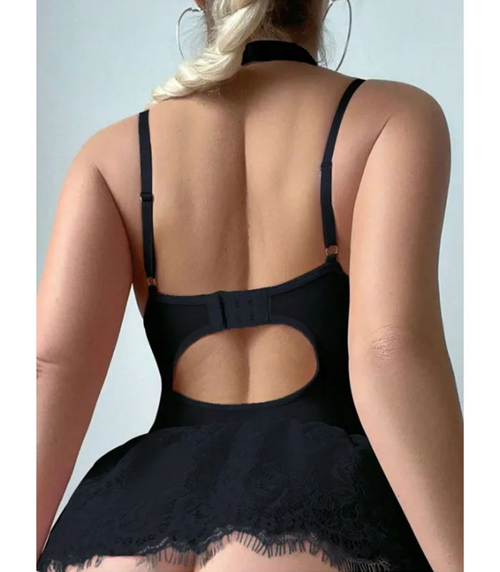 Musta pitsi- ja nyörikoristeinen sukkanauhaliivimekko