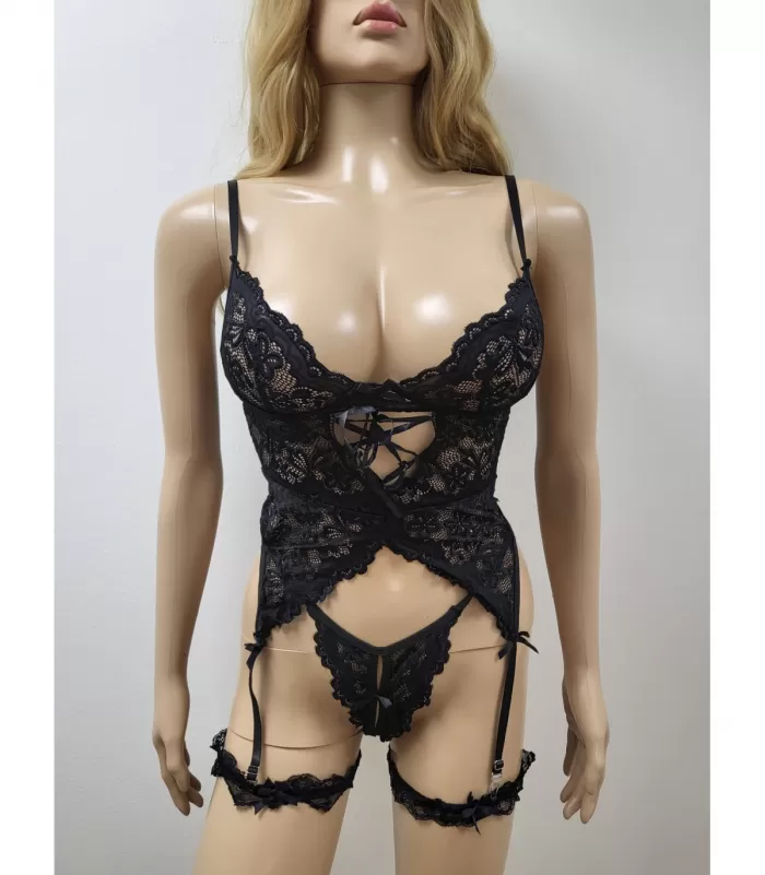 Musta pitsinen sukkanauhaliivisetti nyöreillä