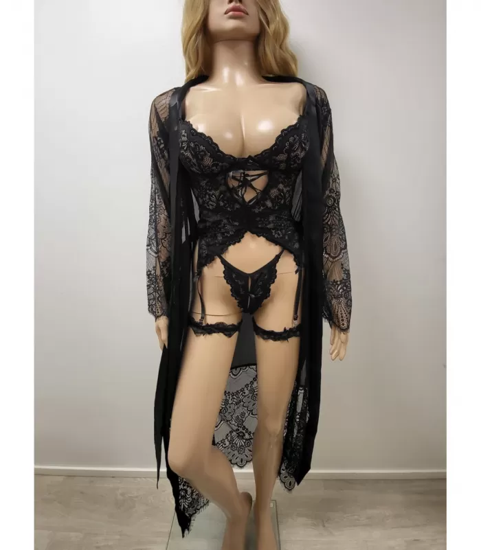 Musta pitsinen sukkanauhaliivisetti nyöreillä