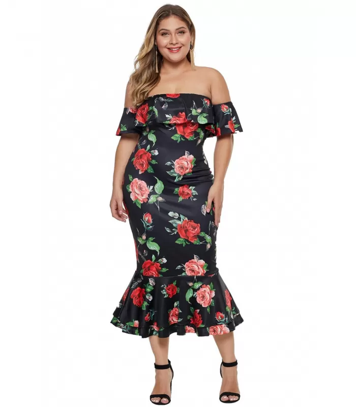 Musta ruusukuvioinen off-shoulder midimekko (plus size)