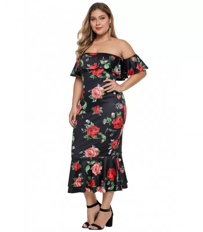Musta ruusukuvioinen off-shoulder midimekko (plus size)