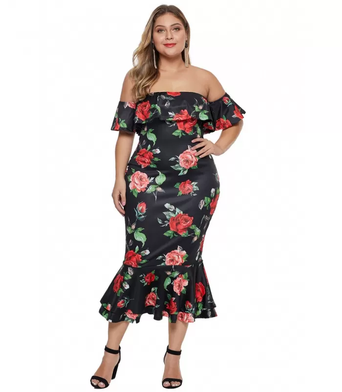 Musta ruusukuvioinen off-shoulder midimekko (plus size) [LÖYTÖ]