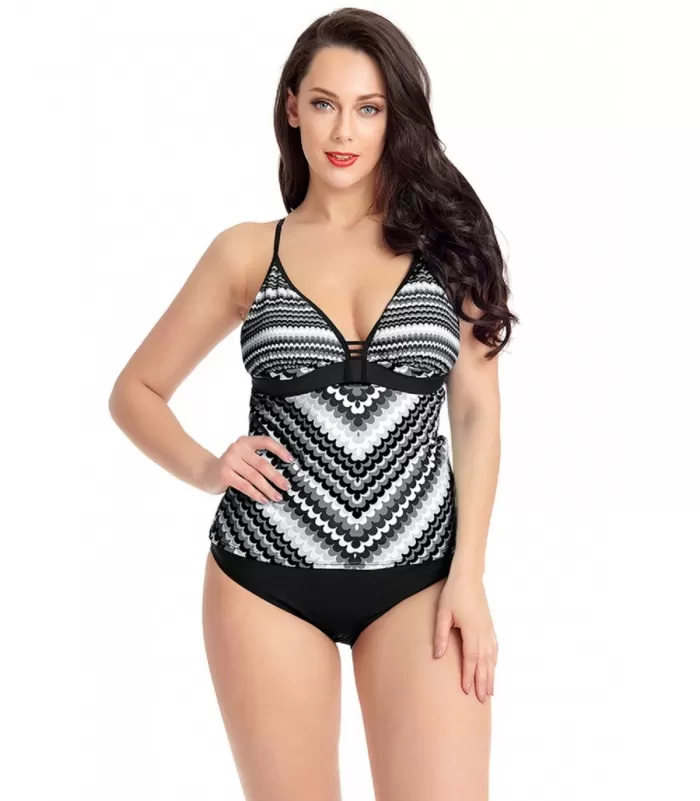 Mustavalkoinen printtikuvioinen v-tankini