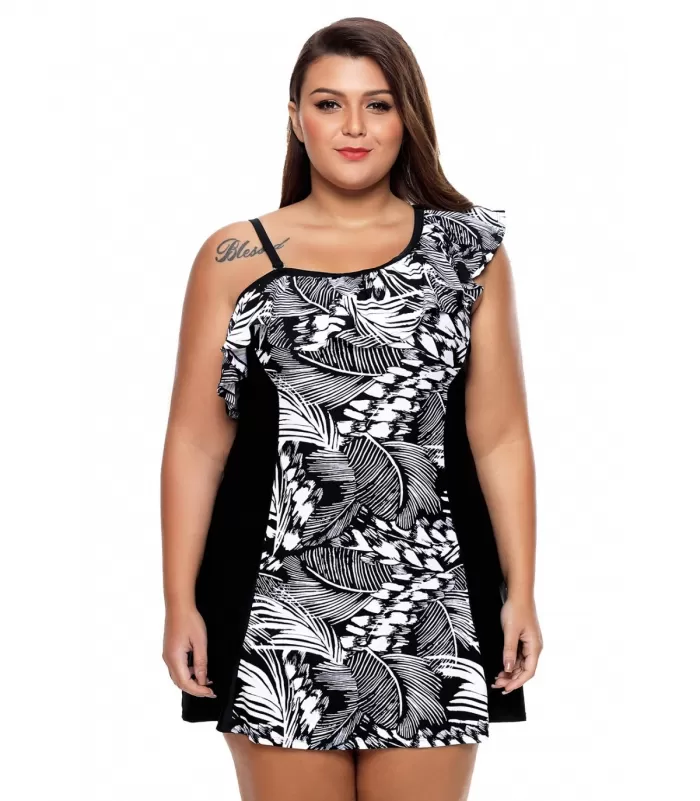 Mustavalkoinen röyhelökoristeinen uimamekko