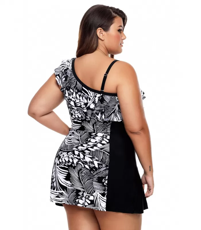 Mustavalkoinen röyhelökoristeinen uimamekko