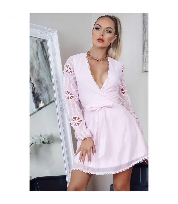 Parisian vaaleanpunainen koristehihainen v-wrap-look mekko [TAMMIALE -20%]