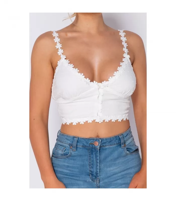 Parisian valkoinen kukkakoristeinen lyhyt toppi napeilla