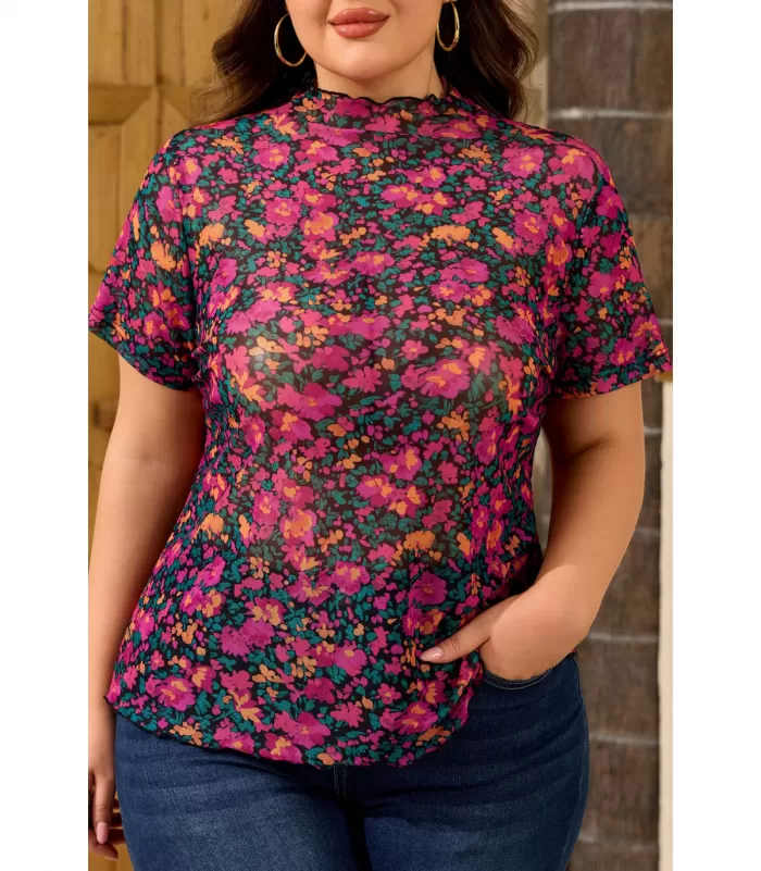 Pinkki lyhythihainen mesh-kukkapaita (plus size)