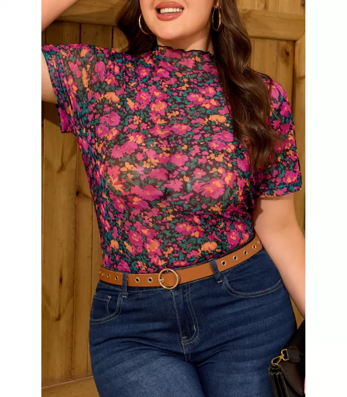 Pinkki lyhythihainen mesh-kukkapaita (plus size)