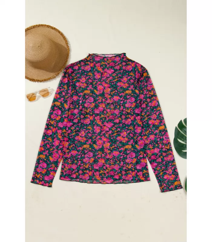 Pinkki pitkähihainen mesh-kukkapaita (plus size)