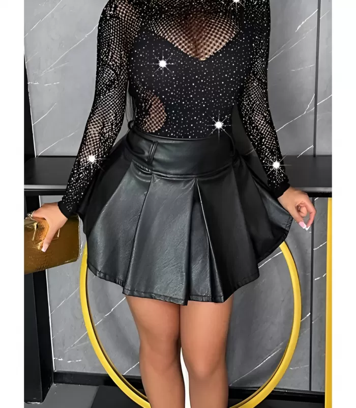 Pitkähihainen musta strassikoristeinen verkkoteddy