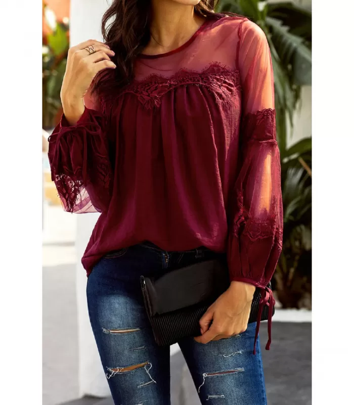 Punainen koristekirjailtu pusero mesh-hihoilla [TAMMIALE -20%]