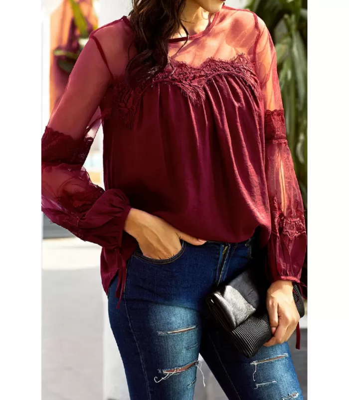 Punainen koristekirjailtu pusero mesh-hihoilla [TAMMIALE -20%]