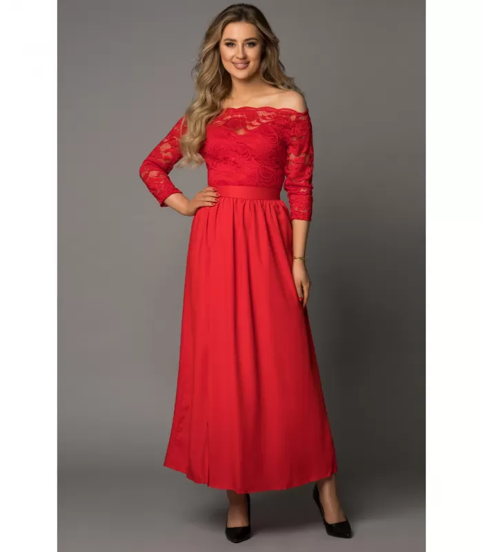 Punainen pitkä juhlamekko pitsillä ja halkiolla