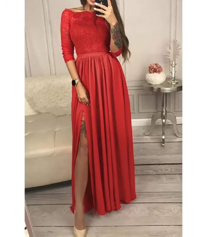 Punainen pitkä juhlamekko pitsillä ja halkiolla