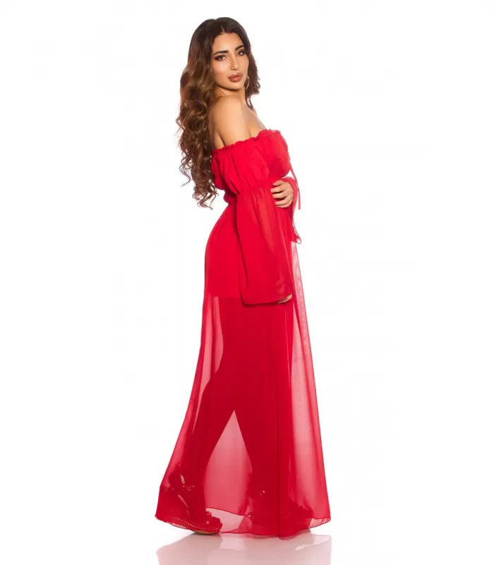 Punainen pitkähihainen off-shoulder mesh-maksimekko